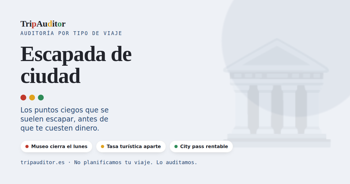 Vista de una auditoría TripAuditor para un escapada de ciudad europea: semáforo de avisos con los puntos ciegos típicos.