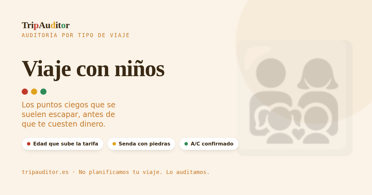 Vista de una auditoría TripAuditor para un viaje con niños: semáforo de avisos con los puntos ciegos típicos.