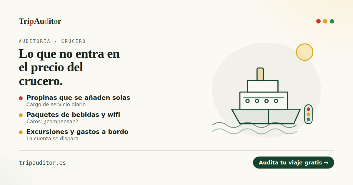 Vista de una auditoría TripAuditor para un crucero: semáforo de avisos con propinas, paquetes, excursiones y gastos a bordo.