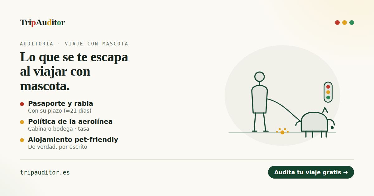 Vista de una auditoría TripAuditor para un viaje con mascota: semáforo de avisos con pasaporte, vacuna, aerolínea y alojamiento.