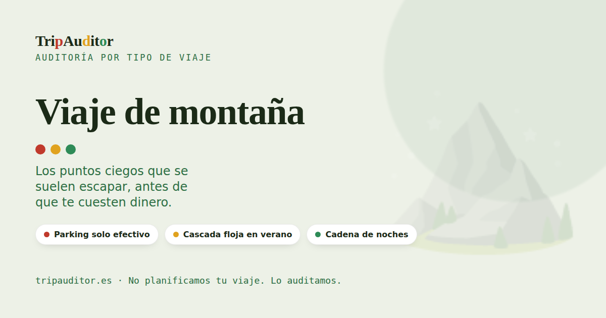 Vista de una auditoría TripAuditor para un viaje de montaña: semáforo de avisos con los puntos ciegos típicos.