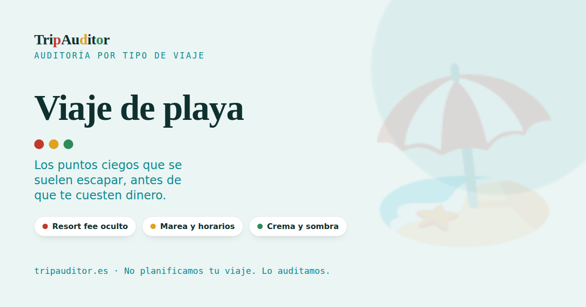 Vista de una auditoría TripAuditor para un viaje de playa: semáforo de avisos con los puntos ciegos típicos.