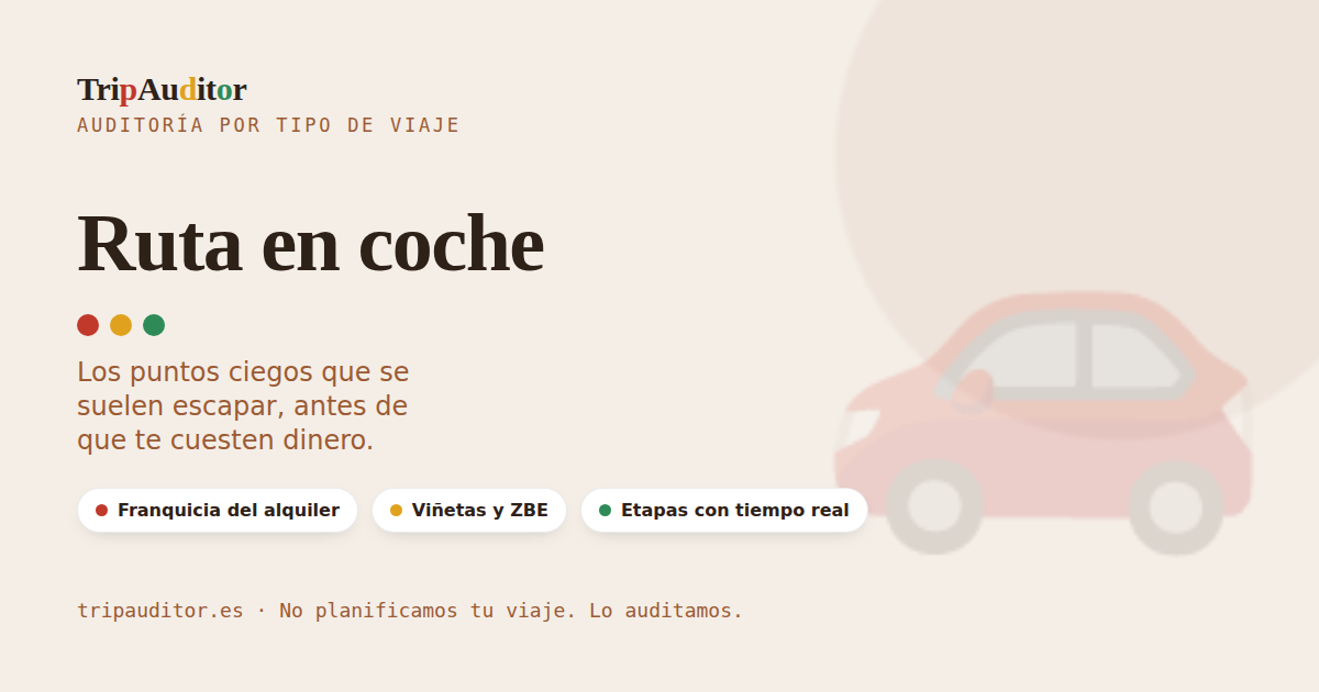 Vista de una auditoría TripAuditor para un roadtrip: semáforo de avisos con puntos ciegos típicos.