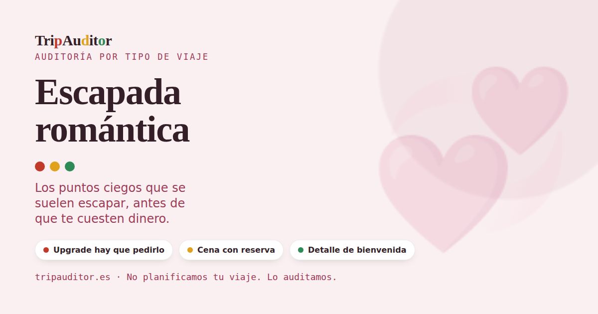 Vista de una auditoría TripAuditor para un escapada romántica: semáforo de avisos con puntos ciegos típicos.