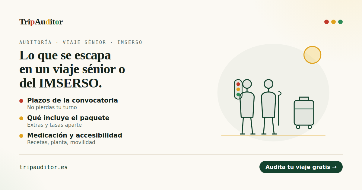 Vista de una auditoría TripAuditor para un viaje sénior o del IMSERSO: semáforo de avisos con plazos, qué incluye el paquete y medicación.