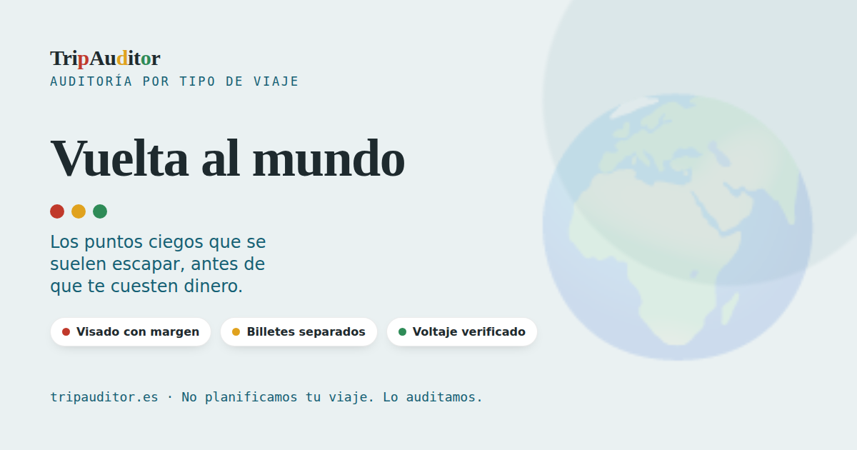 Vista de una auditoría TripAuditor para un vuelta al mundo: semáforo de avisos con puntos ciegos típicos.